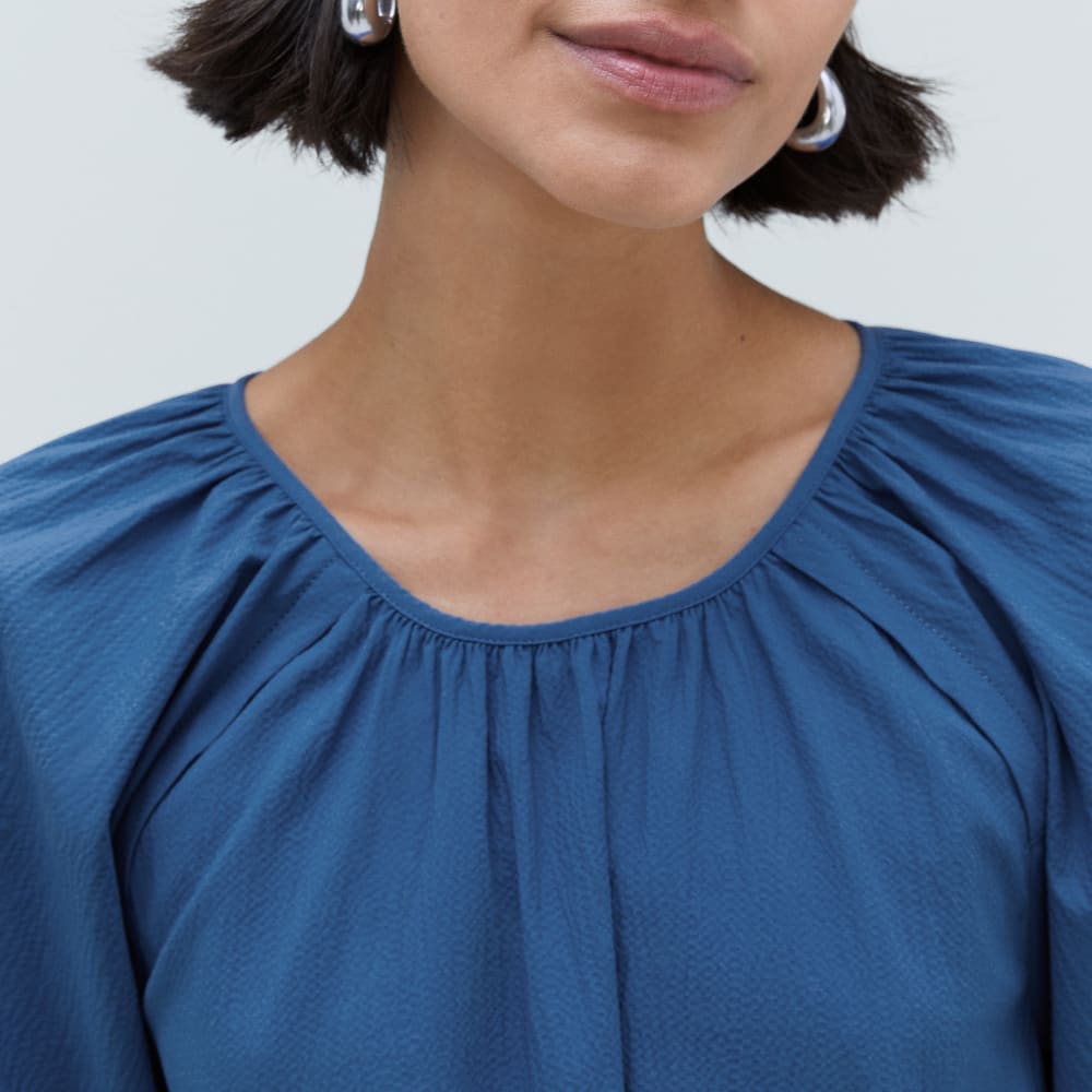 The Seersucker Puff Sleeve Dress | Deep Blue