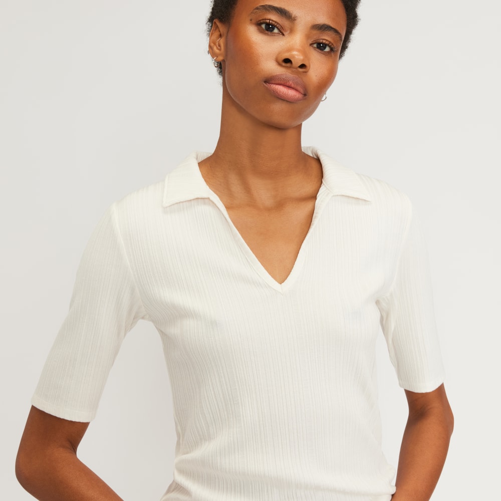 The Rib Soft Knit Open Collar Polo | Bone