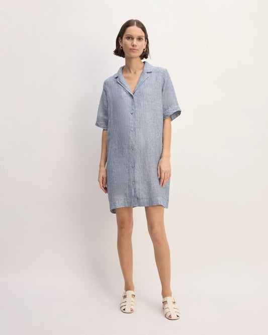 The Shirtdress in Linen | White / Blue