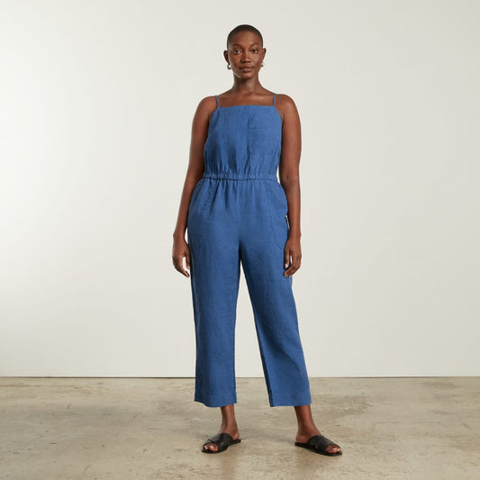 The Linen Shoestring Jumpsuit | Deep Blue