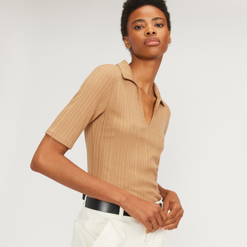 The Rib Soft Knit Open Collar Polo | Caramel