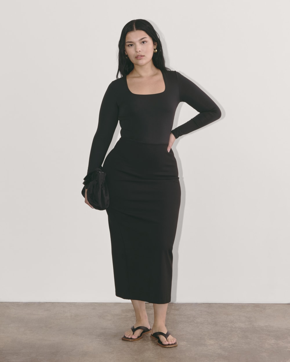 The Long-Sleeve Supima® Square-Neck Bodysuit | Black | Thong