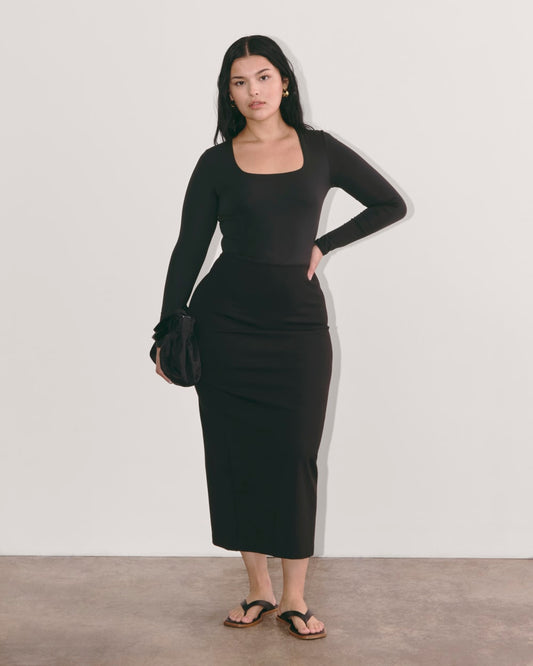 The Long-Sleeve Supima® Square-Neck Bodysuit | Black | Thong
