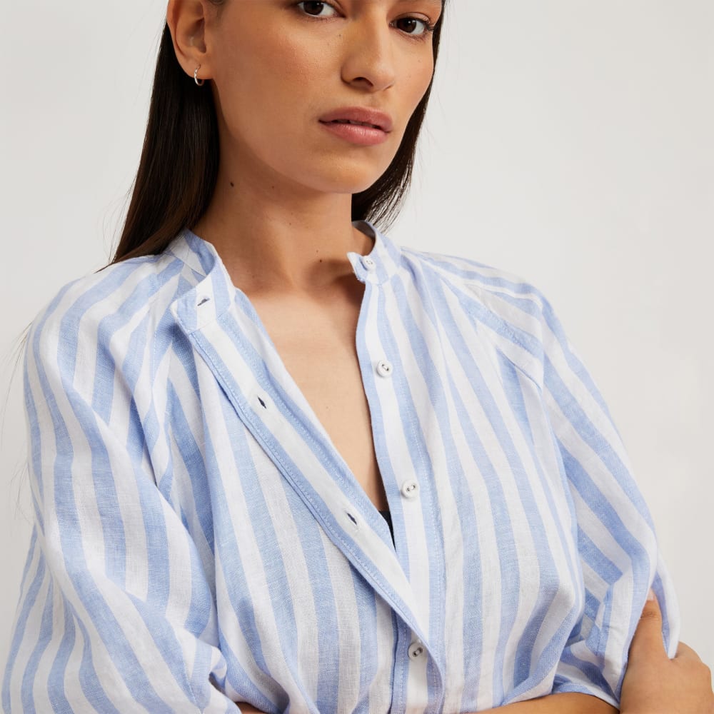 The Linen Puff Sleeve Shirt | Blue / White