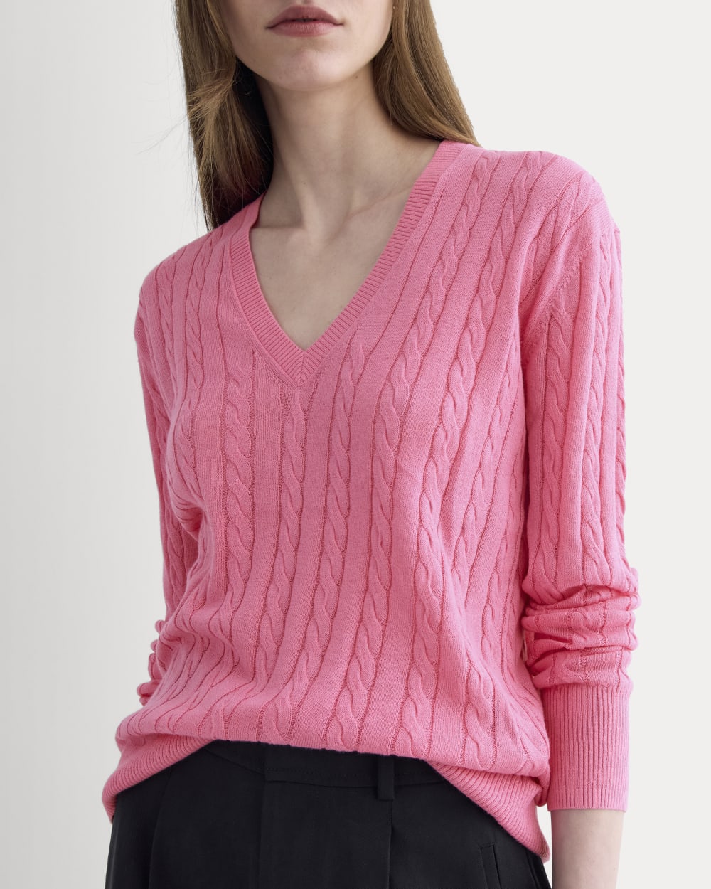 The Cable V-Neck in Cotton Cashmere | Deep Pink