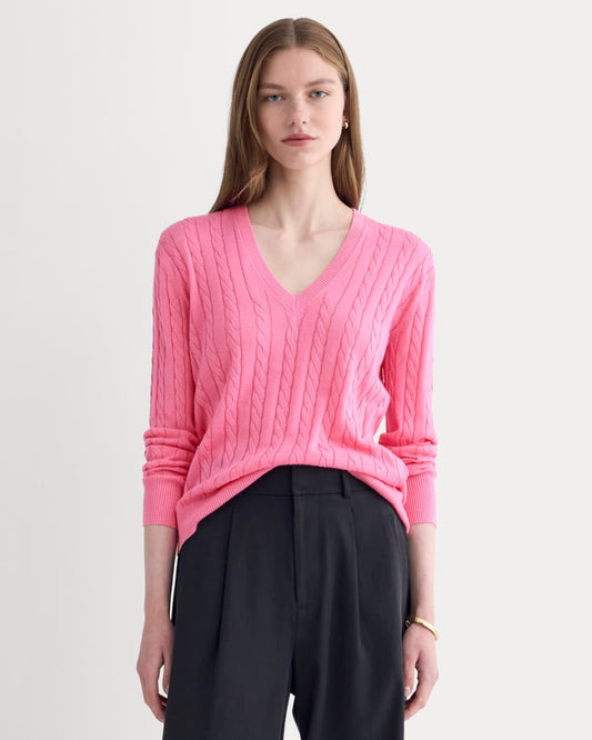 The Cable V-Neck in Cotton Cashmere | Deep Pink