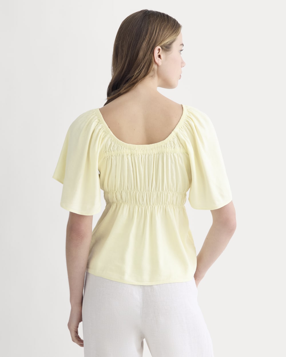 The Flutter-Sleeve Top in Stretch Linen | Light Yellow
