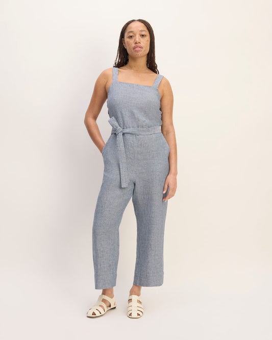 The Linen Side-Button Jumpsuit | White / Blue