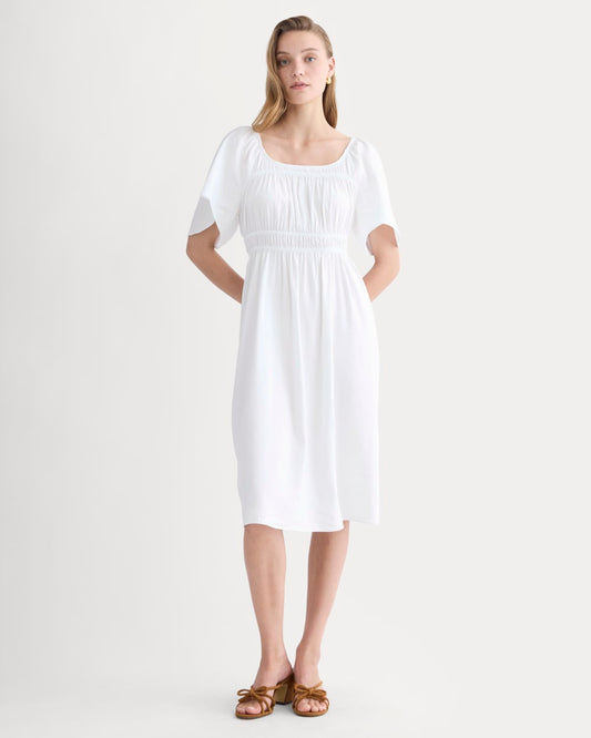 The Flutter-Sleeve Dress in Stretch Linen | White