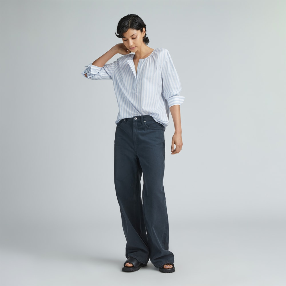 The Silky Cotton Balloon Sleeve Top | Periwinkle / White