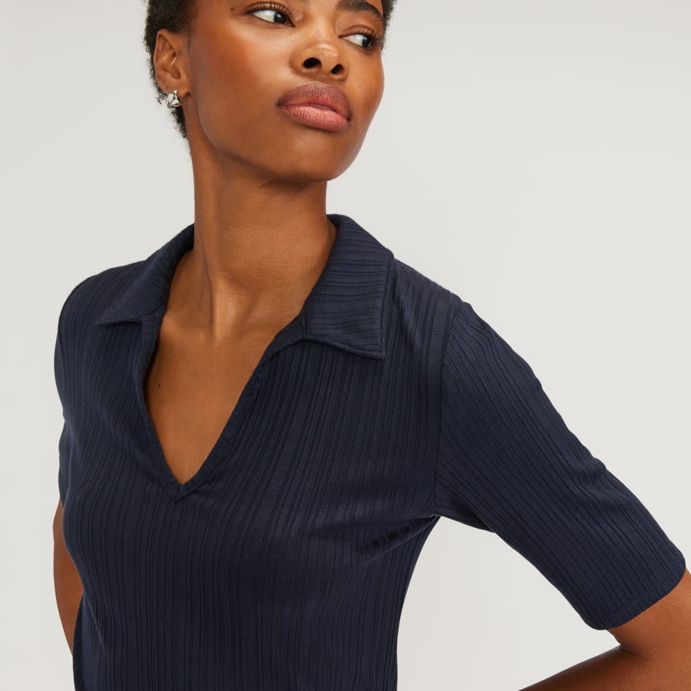 The Rib Soft Knit Open Collar Polo | Navy