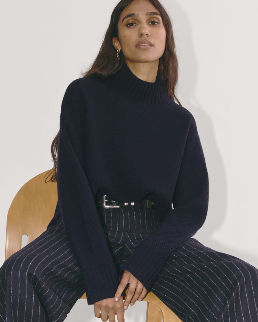 The Honeycomb Funnel Neck in Wool Cashmere | Navy