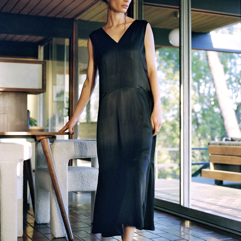 The Satin V-Neck Maxi Dress | Black