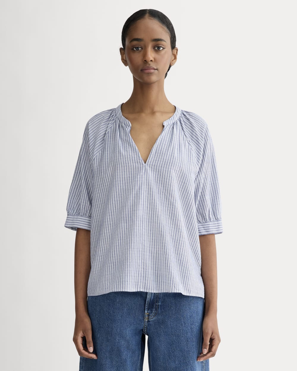 The Gauze Gathered Top | Mazarine Blue / Optic White