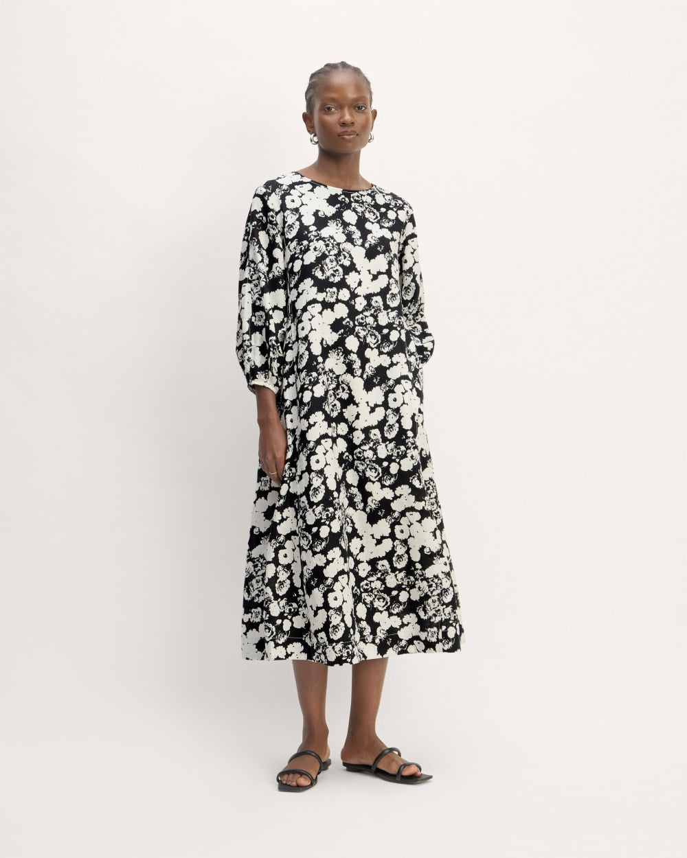 The Linen A-Line Midi Dress | Black / Bone Floral