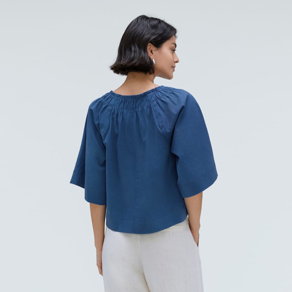 The Seersucker Gathered Tee | Deep Blue