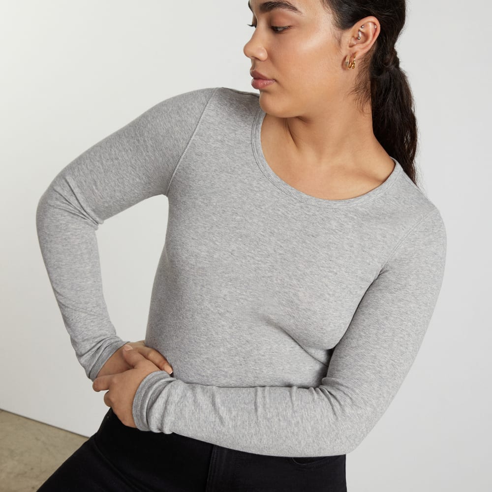The Pima Micro-Rib Cropped Long-Sleeve Crew |  Heathered Grey