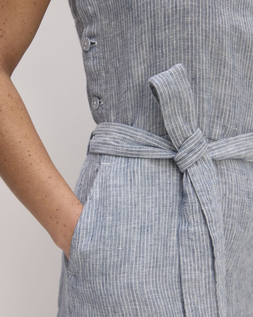The Linen Side-Button Jumpsuit | White / Blue