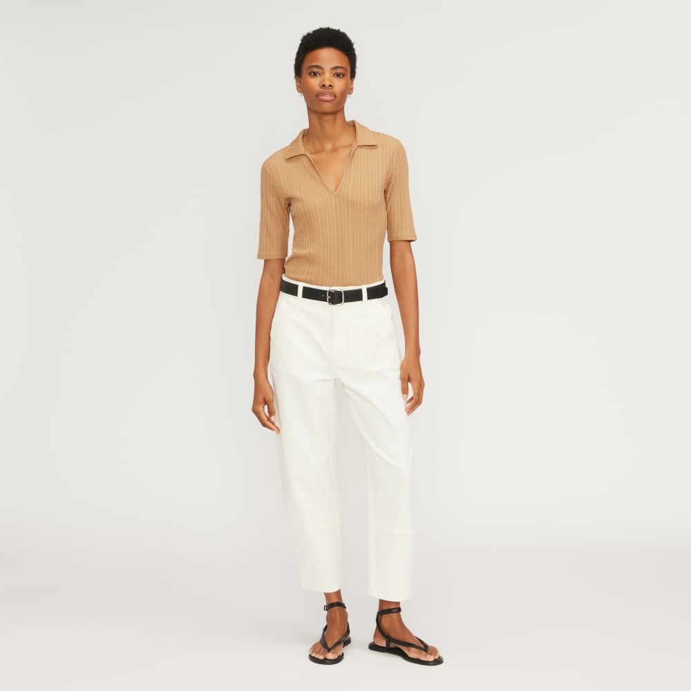 The Rib Soft Knit Open Collar Polo | Caramel