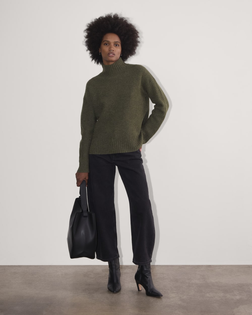 The Honeycomb Funnel Neck in Wool Cashmere | Heathered Army Green