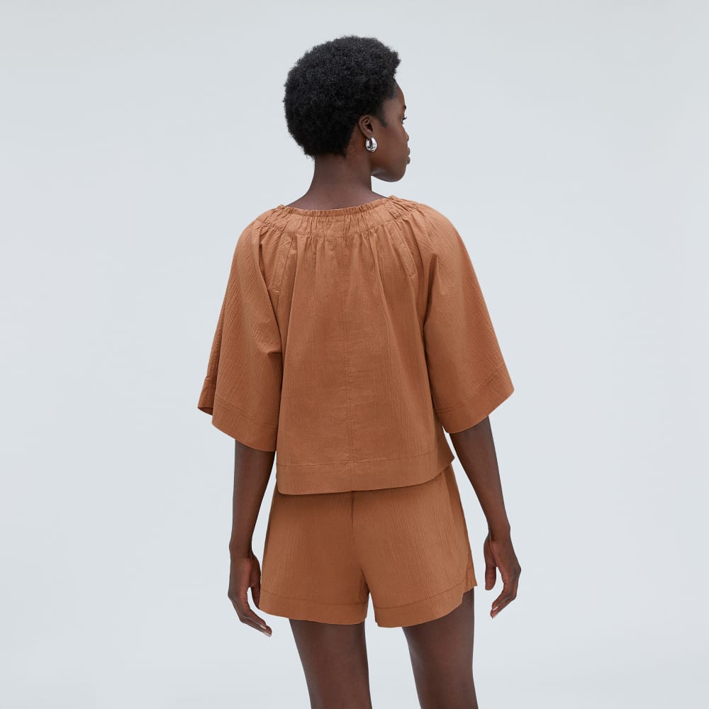 The Seersucker Gathered Tee | Tawny Brown