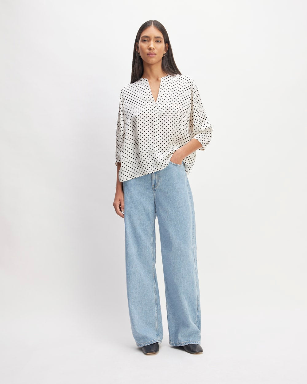 The Hammered Satin Balloon Sleeve Top | Bone / Black Polka Dot