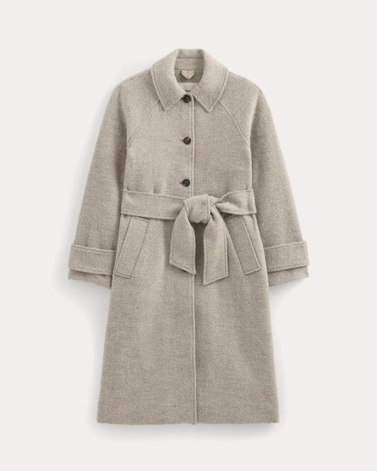 Italian Belted Overcoat | Taupe Herringbone