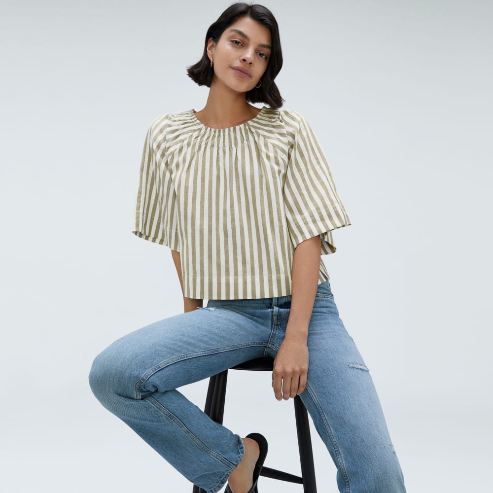 The Seersucker Gathered Tee | Nutria / Off-White