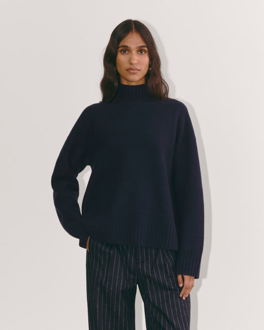 The Honeycomb Funnel Neck in Wool Cashmere | Navy