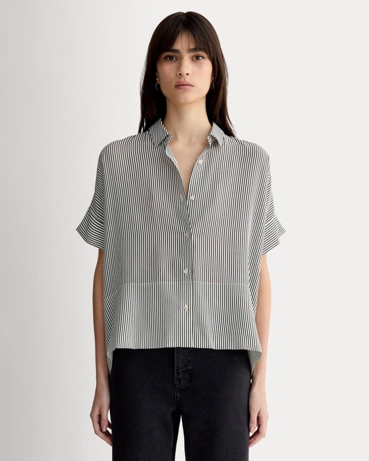 The Boxy Shirt in Washable Silk | Black Micro Stripe