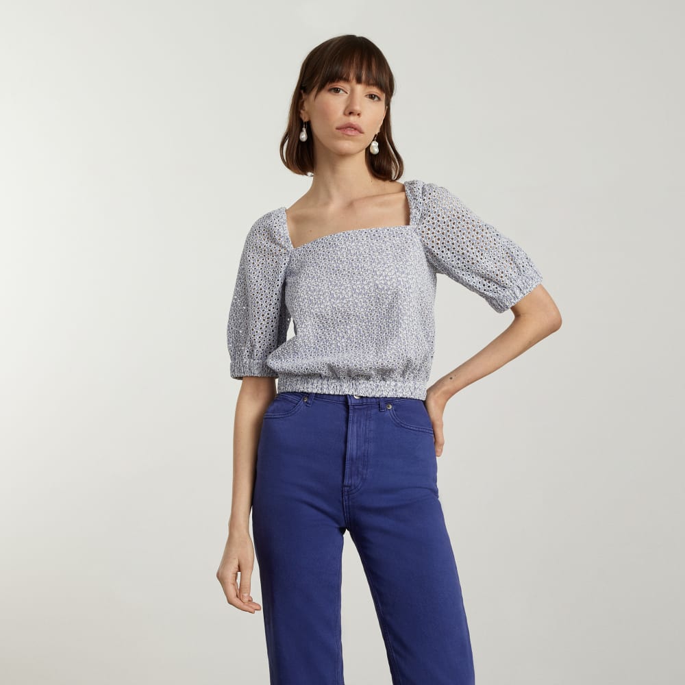 The Eyelet Puff Sleeve Top | Deep Blue / White