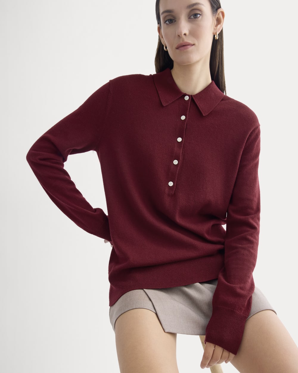 Oversized Polo Sweater in Cotton Merino | Deep Red