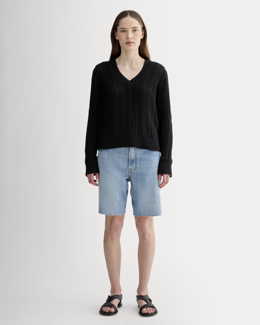 The Mesh Cable V-Neck in Everyday Cotton | Black