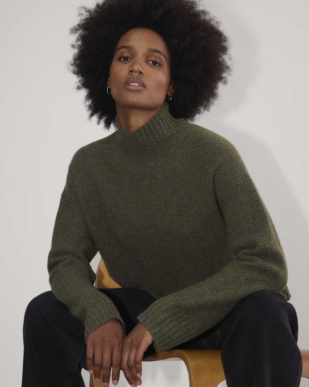 The Honeycomb Funnel Neck in Wool Cashmere | Heathered Army Green