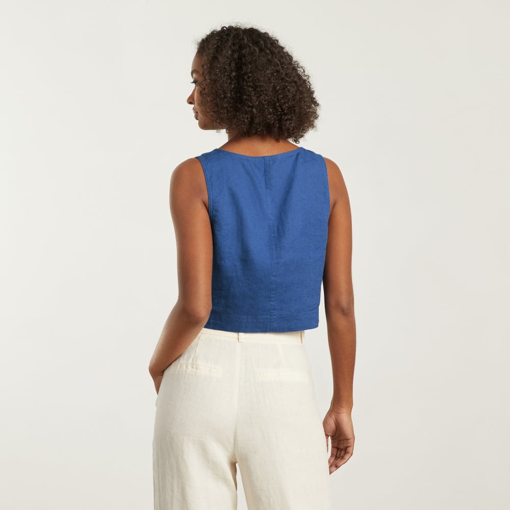 The Linen Button-Front Crop Tank | Deep Blue