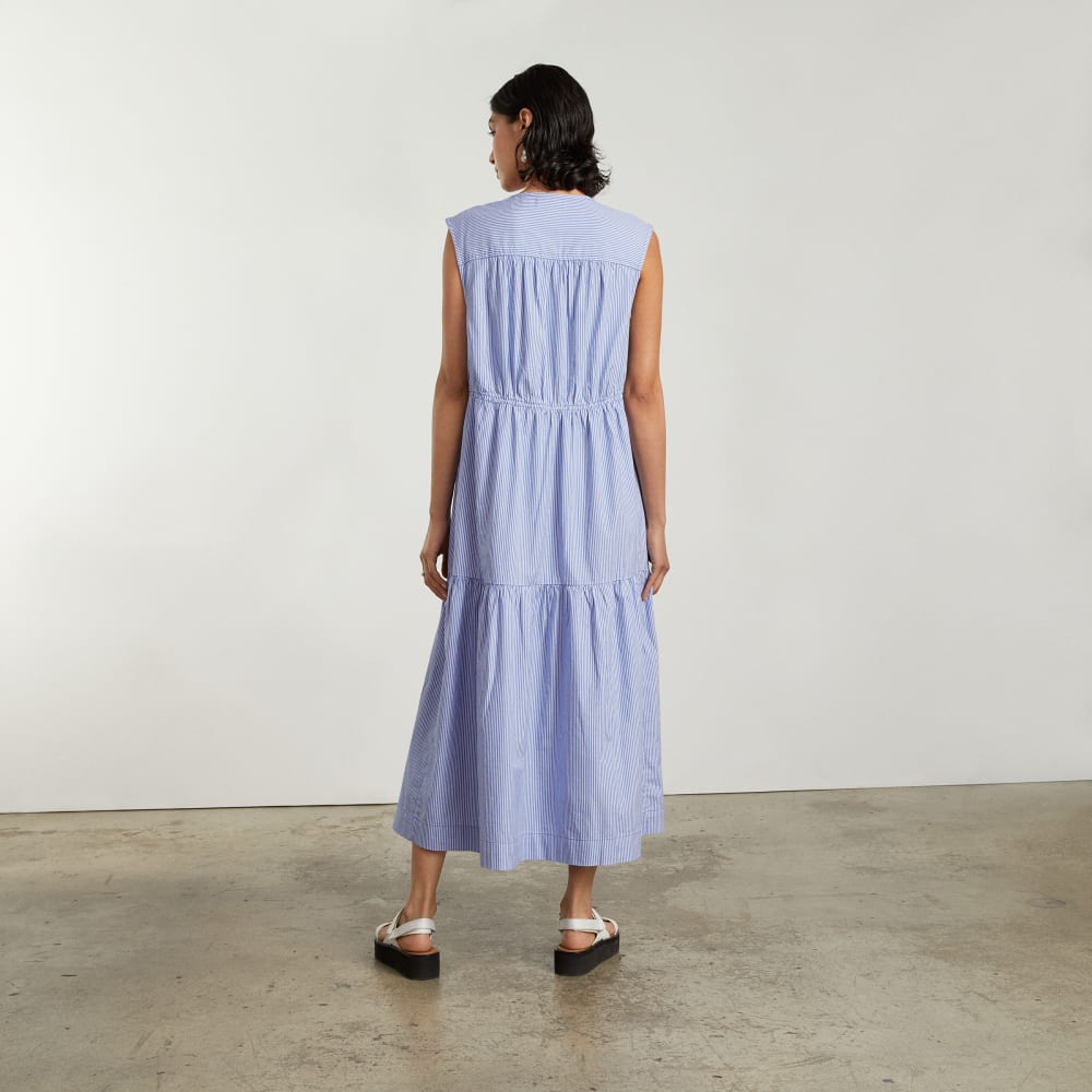 The Tiered Midi Dress | White / Blue Mini Stripe