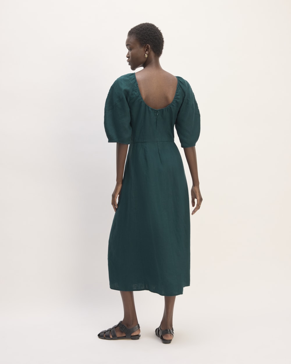 The Linen Short-Sleeve Scoop Midi Dress | Dark Sea