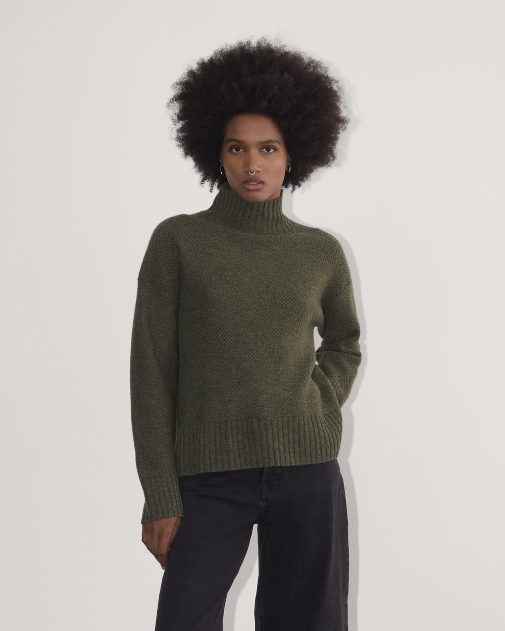The Honeycomb Funnel Neck in Wool Cashmere | Heathered Army Green