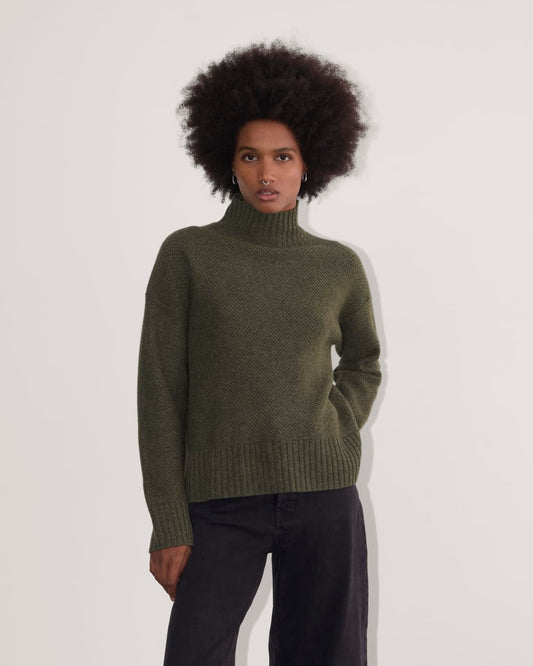 The Honeycomb Funnel Neck in Wool Cashmere | Heathered Army Green