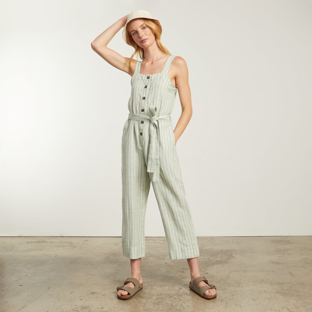 The Linen Jumpsuit | Seafoam Pinstripe
