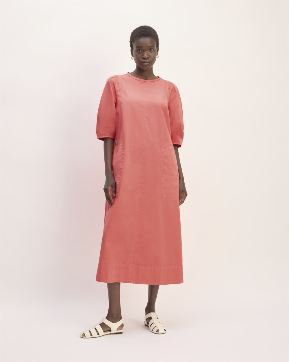 The Short-Sleeve Puff Midi Dress | Coral