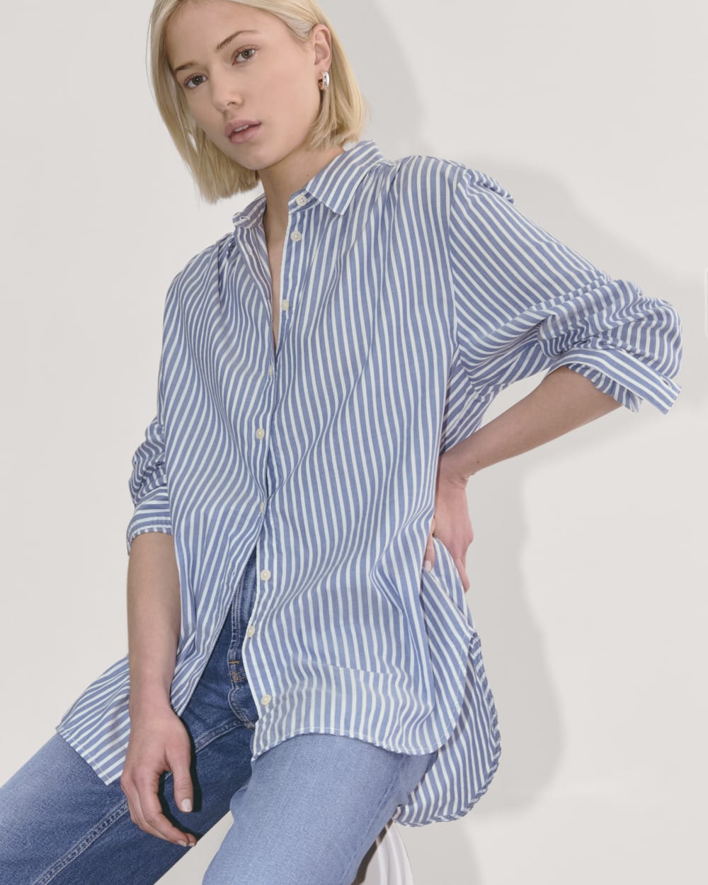 The Gathered Shirt in Silky Cotton | Bone / Mazarine Blue