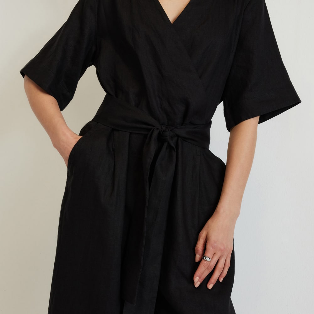 The Wrap Jumpsuit in Linen | Black