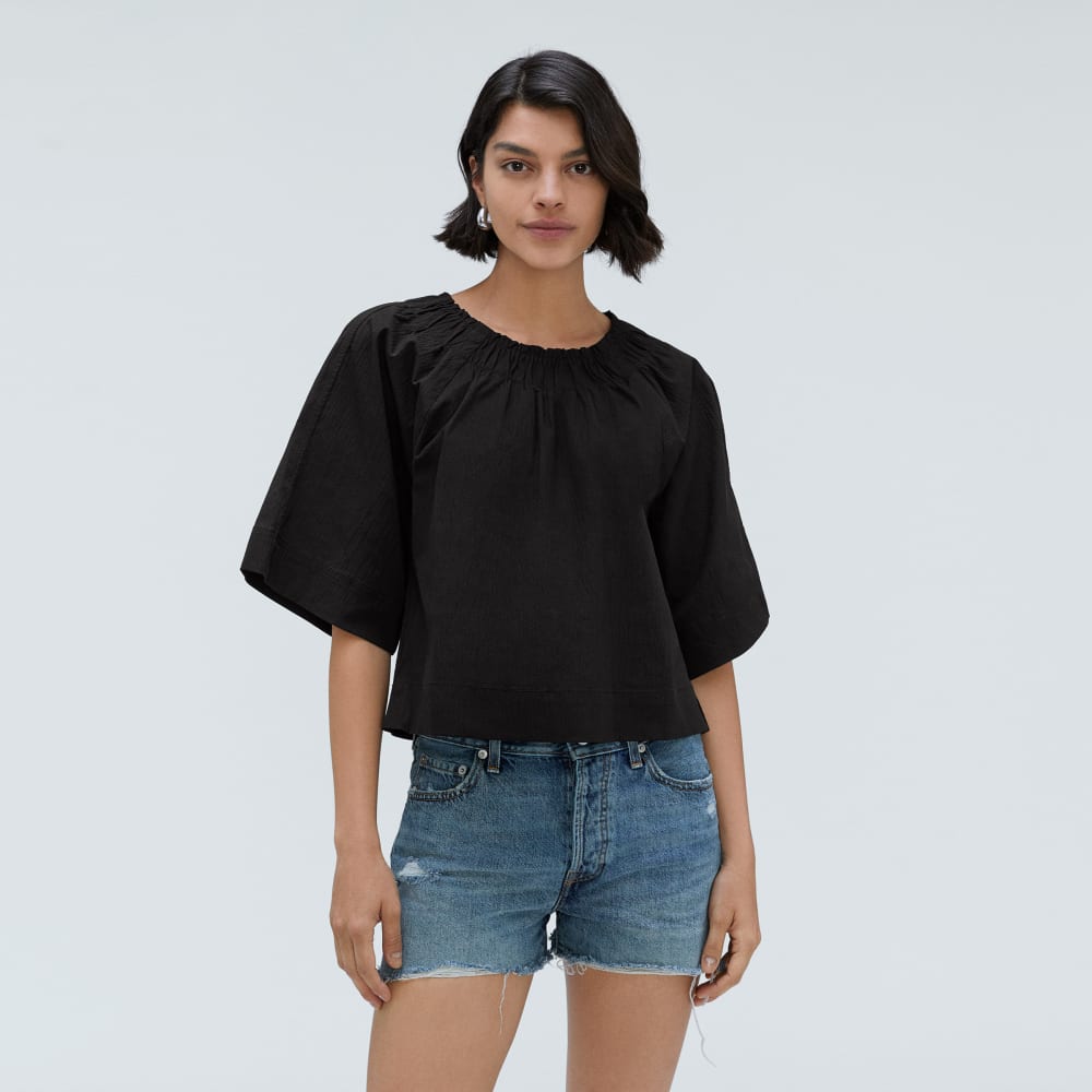 The Seersucker Gathered Tee | Black