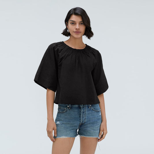 The Seersucker Gathered Tee | Black