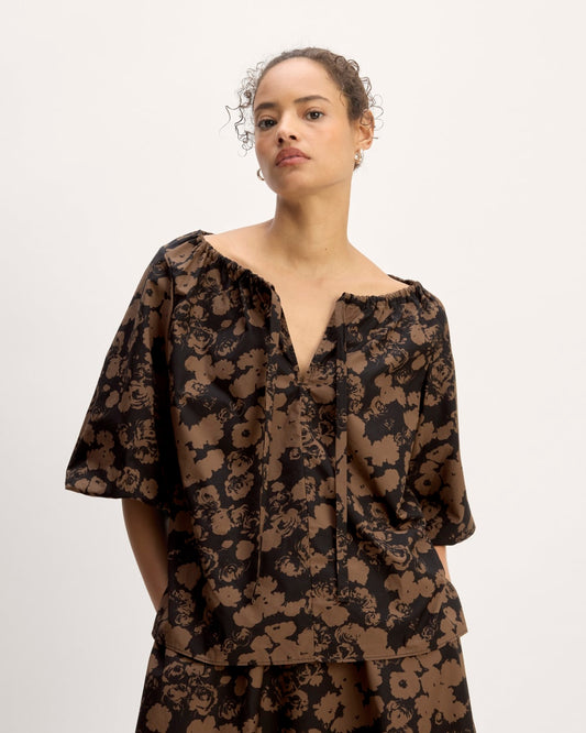 The Supima® Puff-Sleeve Top | Black / Cocoa Floral