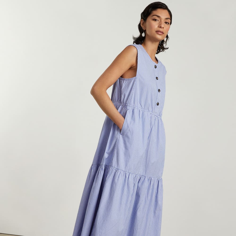 The Tiered Midi Dress | White / Blue Mini Stripe