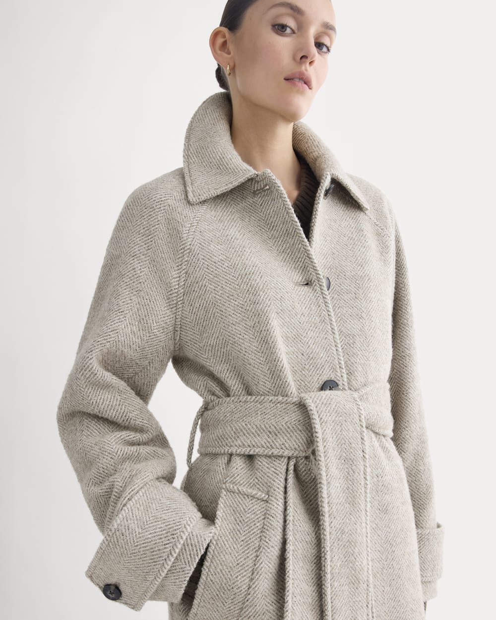 Italian Belted Overcoat | Taupe Herringbone