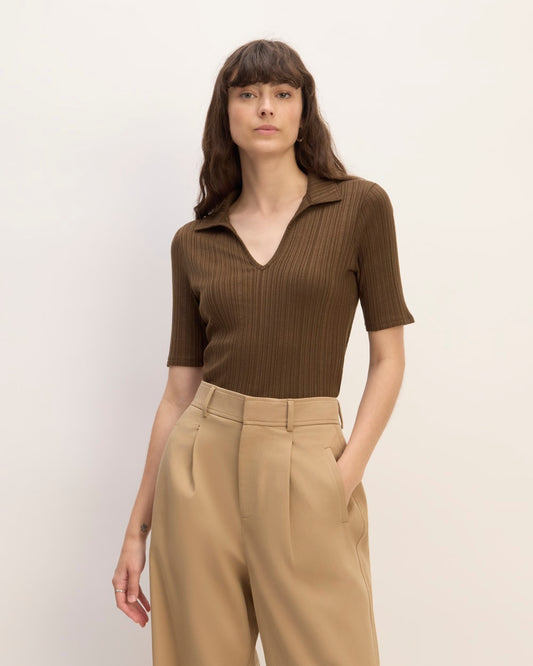The Rib Soft Knit Open Collar Polo | Cocoa