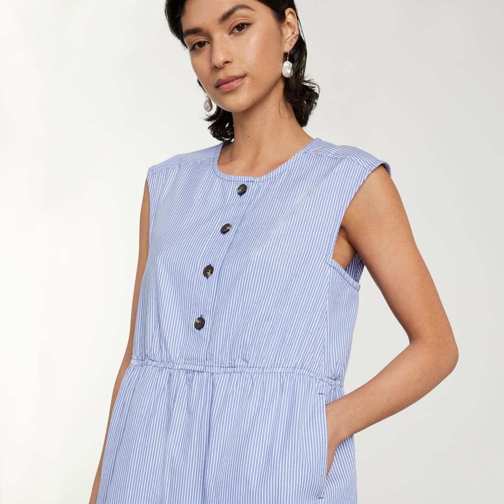 The Tiered Midi Dress | White / Blue Mini Stripe